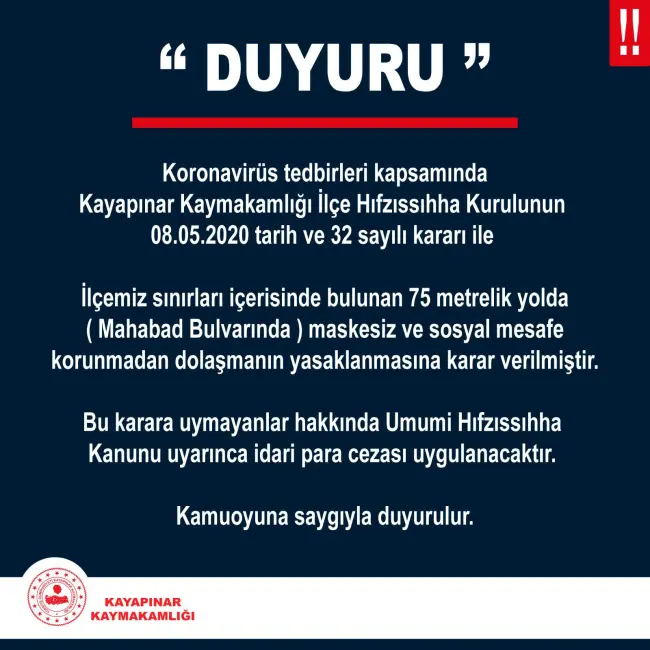 Diyarbakır 75 yolda maskesiz gezmek yasak!