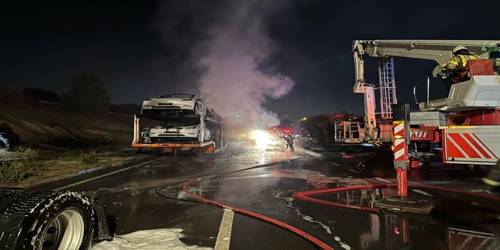 Hareket halindeki tırın dorsesinde bulunan 6 otomobil yandı