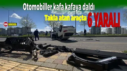 Diyarbakır'da otomobiller kafa kafaya daldı! Takla atan araçta 6 yaralı 