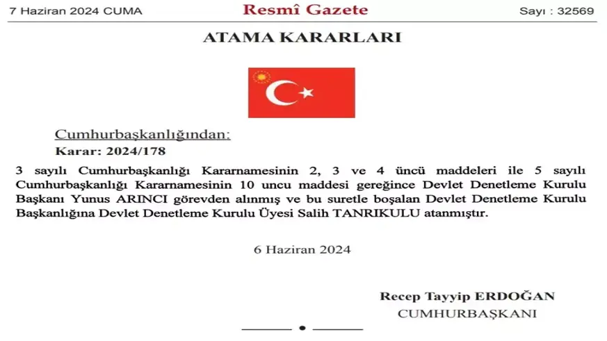 Devlet Denetleme Kurulu Başkanlığına Salih Tanrıkulu atandı